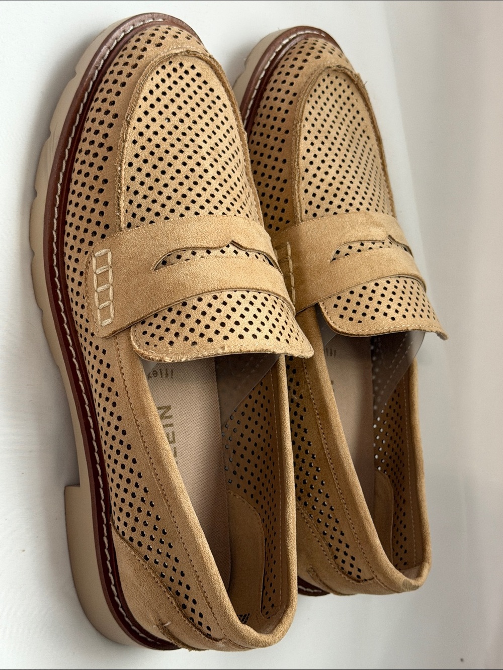 Women’s Perforated Tan Penny Loafers. Size 8